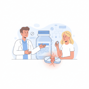 A doctor speaks with a seated patient about the risks of prescription opioid pills in a bright, modern medical office.