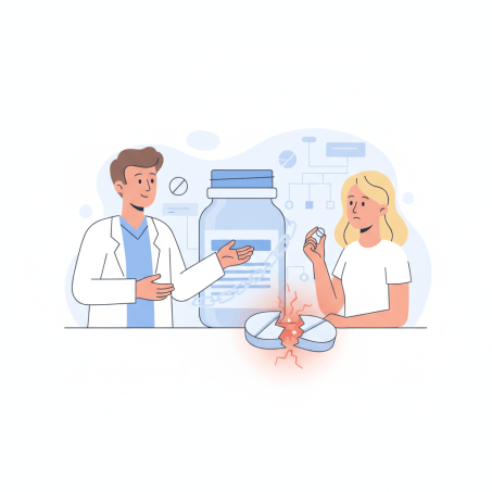 A doctor speaks with a seated patient about the risks of prescription opioid pills in a bright, modern medical office.