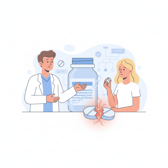 A doctor speaks with a seated patient about the risks of prescription opioid pills in a bright, modern medical office.