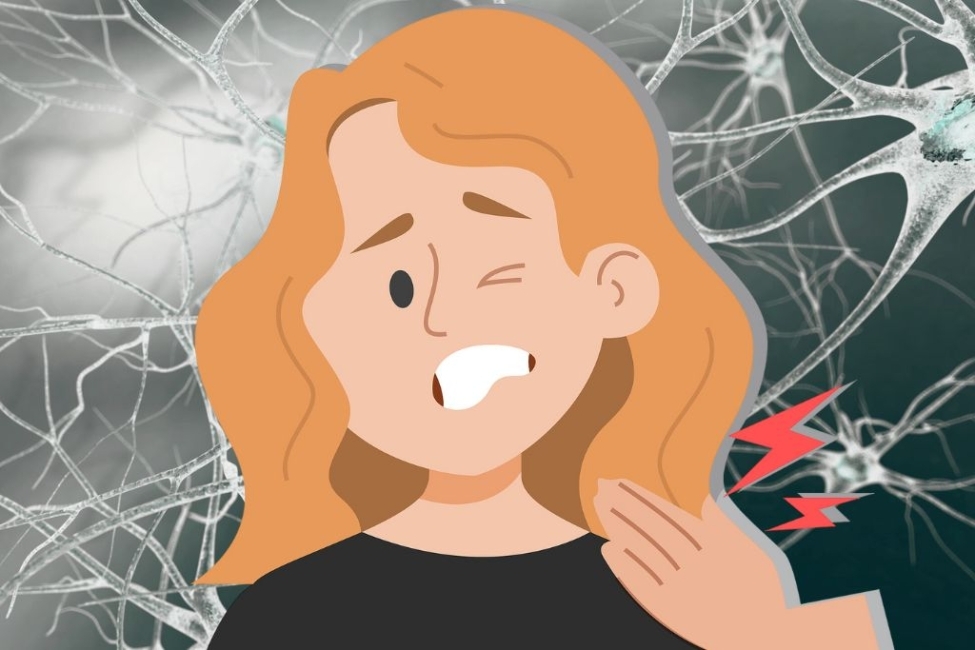 Concept of Allodynia: Background photo of a nerve cell, with an overlay of a graphic of a woman feeling pain from a small touch
