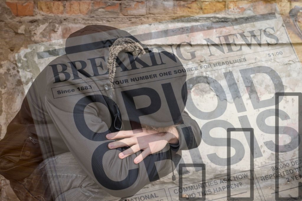 Concept of opiate addiction statistics: photo of a man experiencing a drug addiction crisis after prolonged drug use with a photo overlay of a newspaper headline opioid crisis
